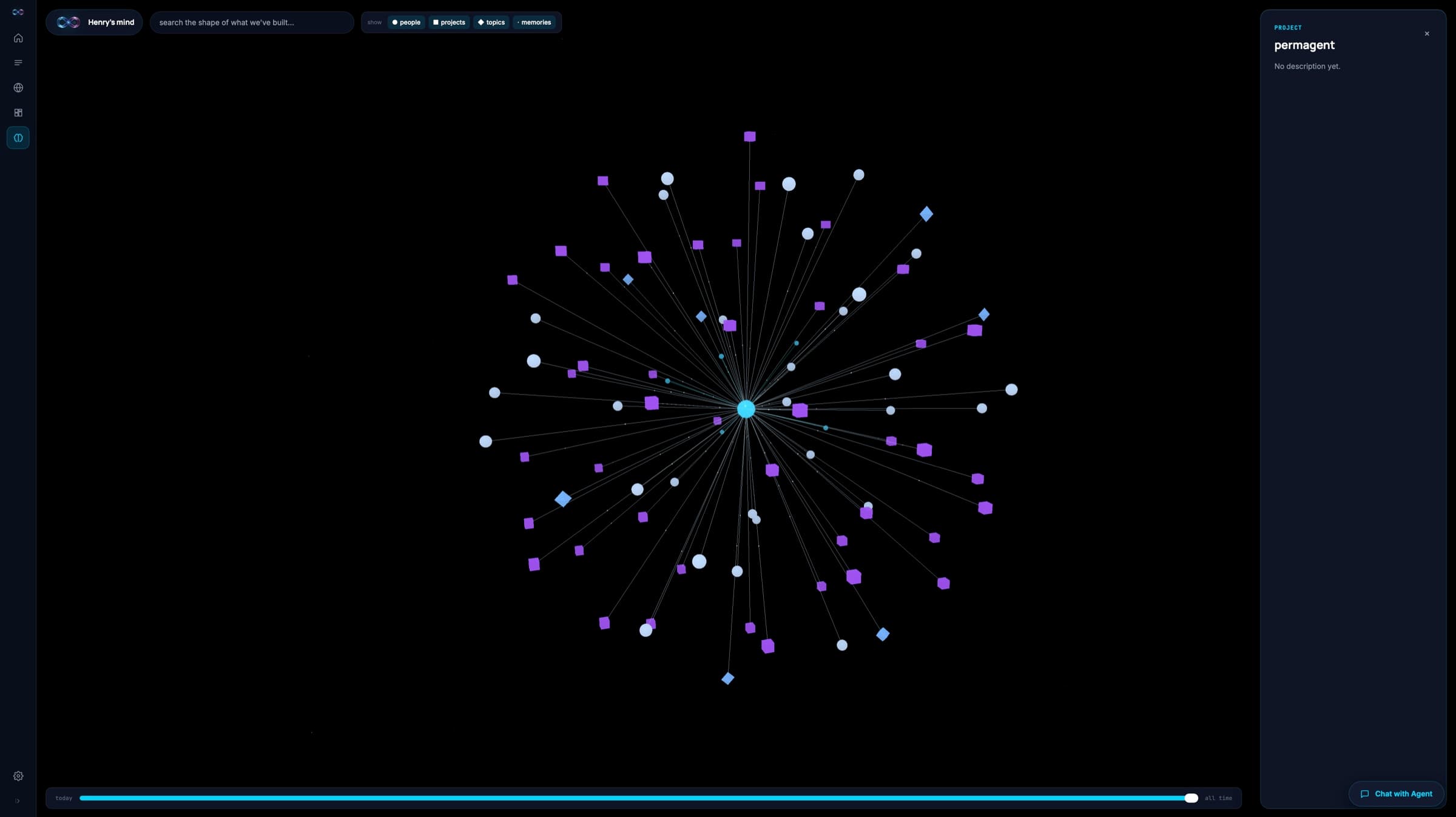 The Brain view: a 3D memory graph beside a searchable list of what the agent knows.