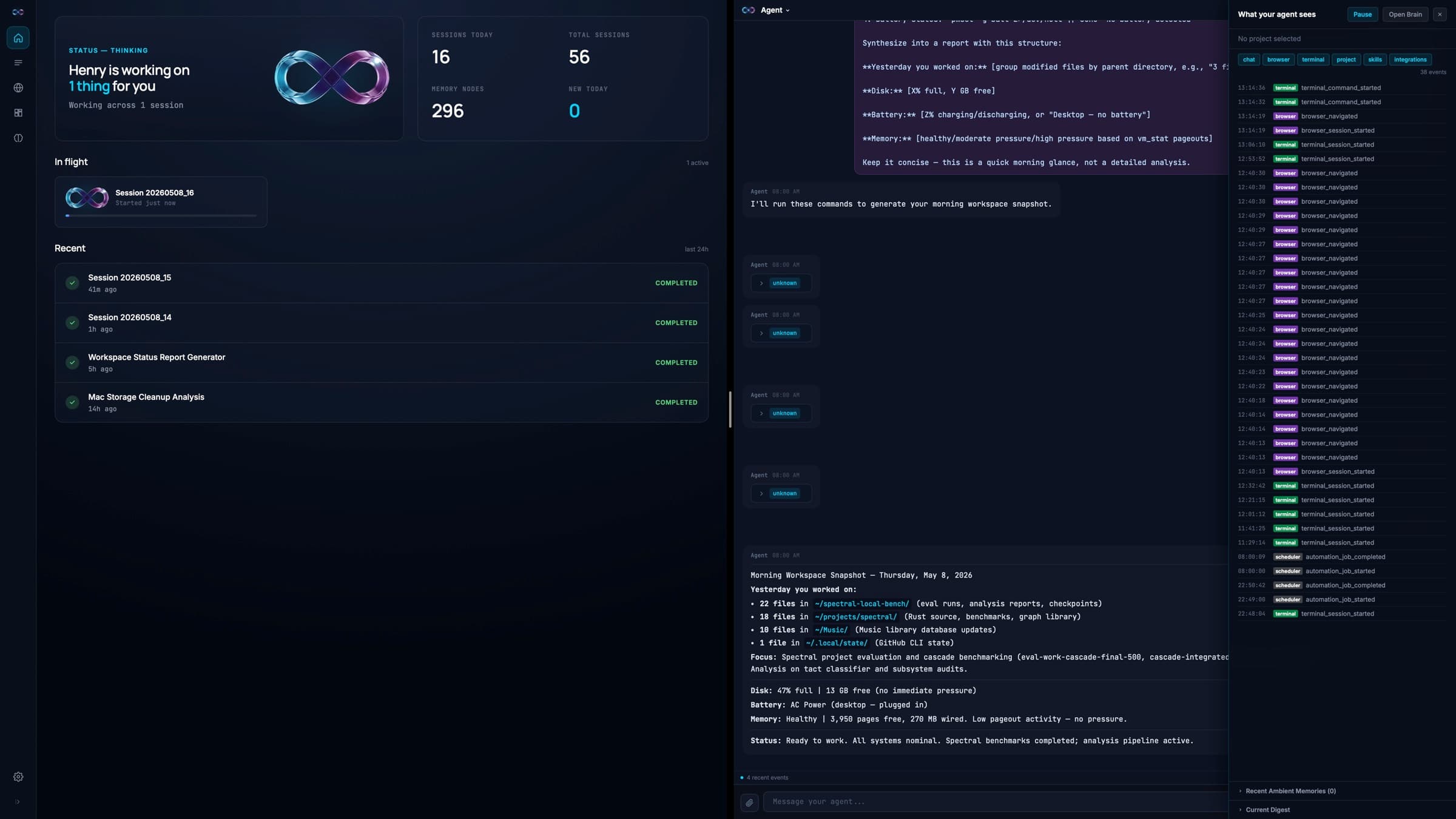 The Permagent workbench: a conversation on the left, a live terminal on the right, in one window.