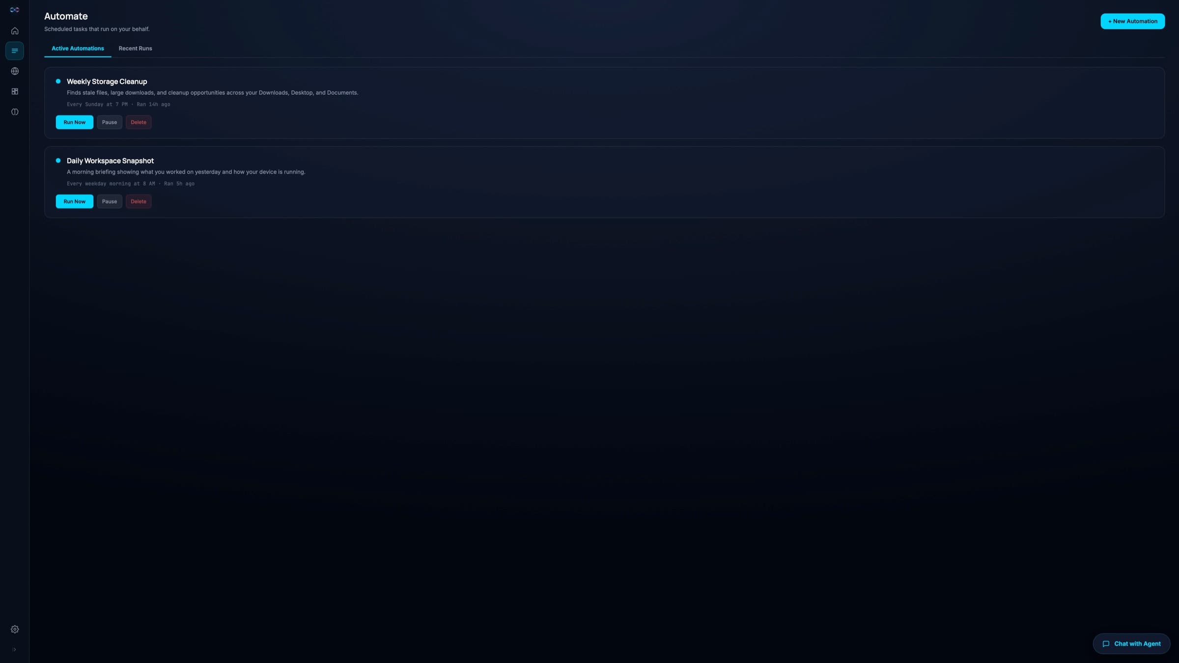 The Automate tab: scheduled recipes with next-run times and a roster of completed runs.